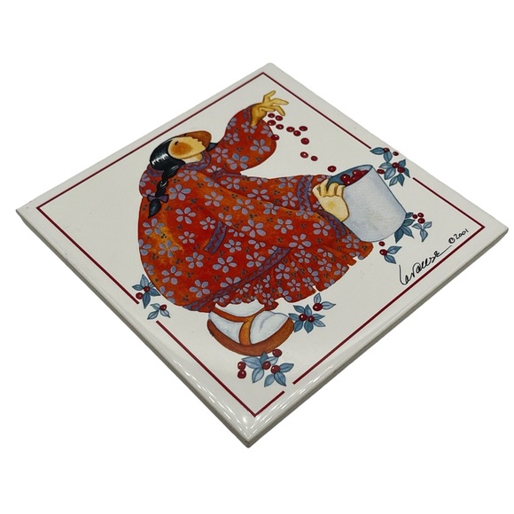 Barbara Lavallee 2001 Woman with Cherries Alaskan Native Art Wall Tile Trivet - Picture 6 of 7